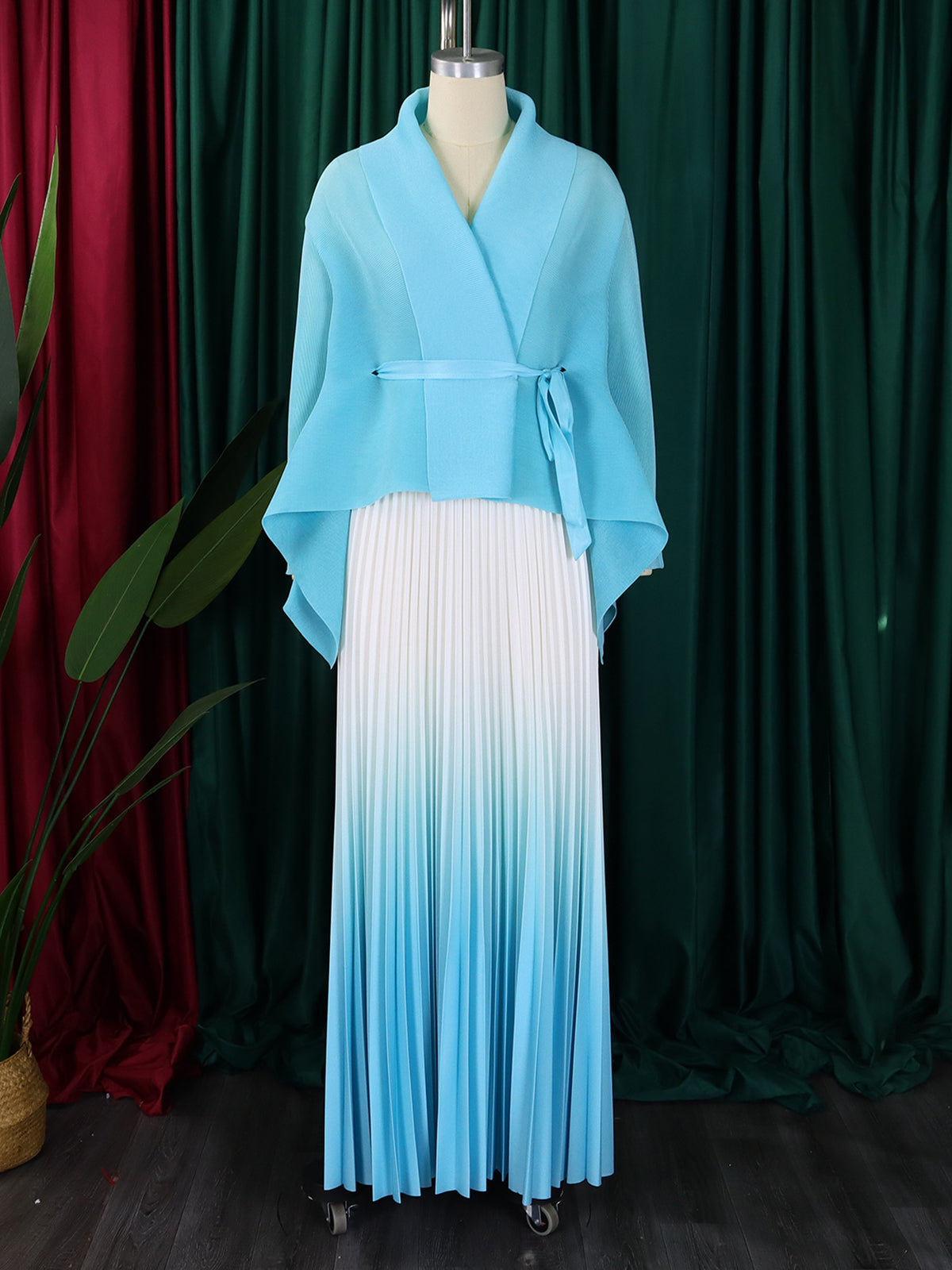 Elegant Lace-up Top and High Waist Pleated Skirt Set
