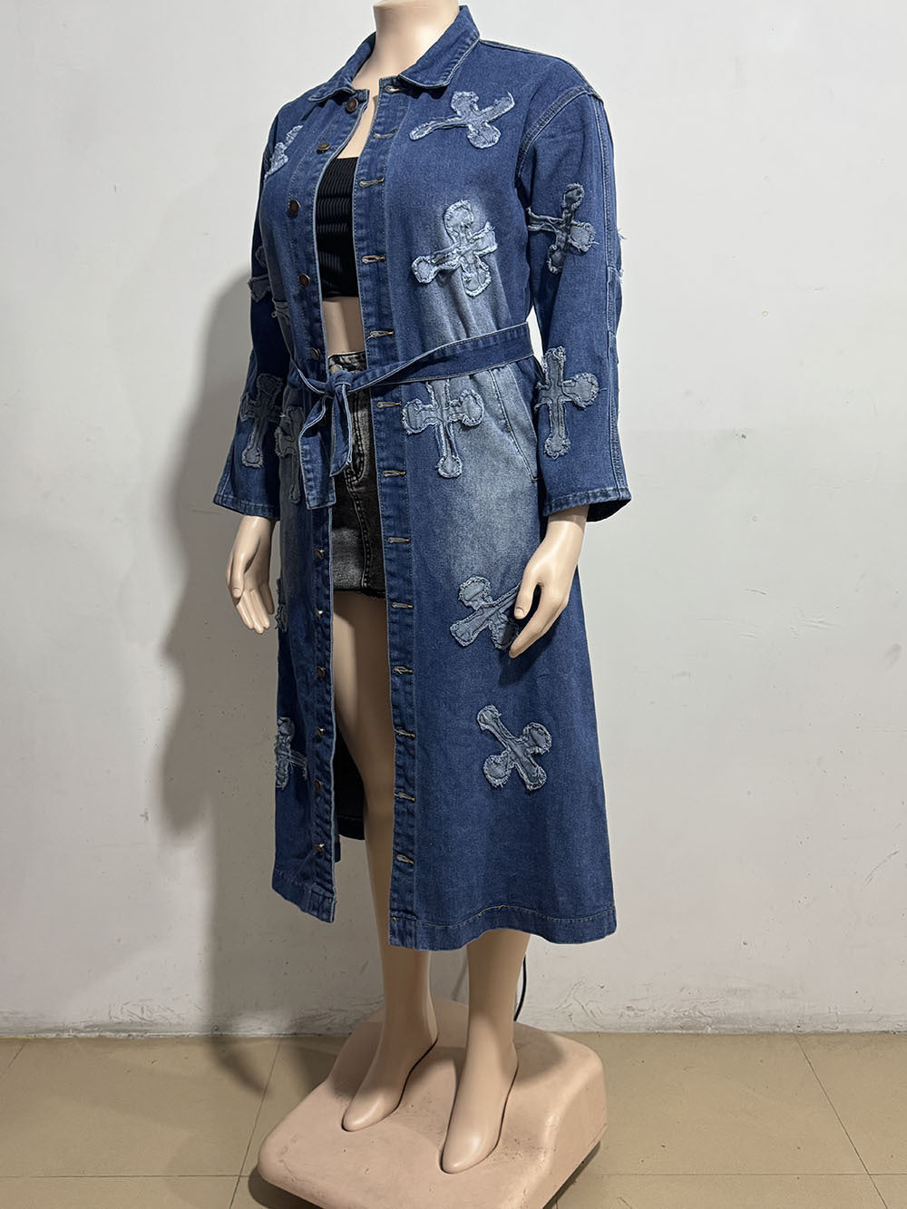 Fashion Embroidery Denim Long Coat Belted Outerwear