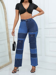 Casual High Waist Patchwork Denim Straight Jeans