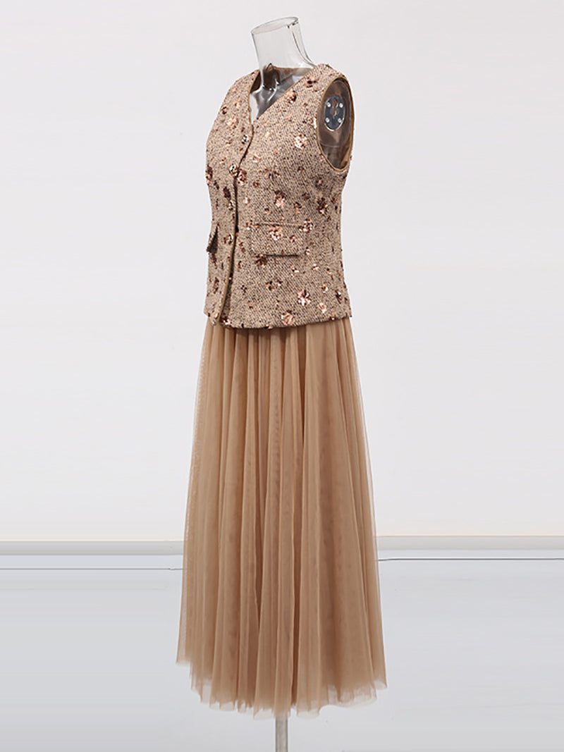 Sleeveless Sequin Vest Patchwork Mesh Skirt Set
