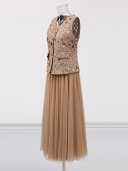 Sleeveless Sequin Vest Patchwork Mesh Skirt Set