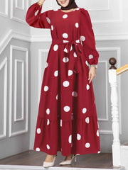 Casual Polka Dot Print Long Sleeve Ruffle Hem Dress