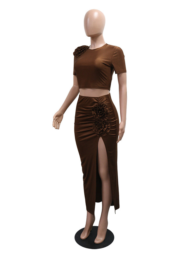Elegant O-neck Crop Top and Split Long Skirt Slim Set