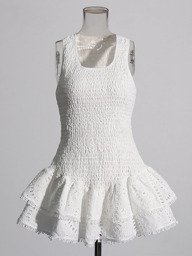 Fashion Sleeveless Embroider Ruffle Mini Dress