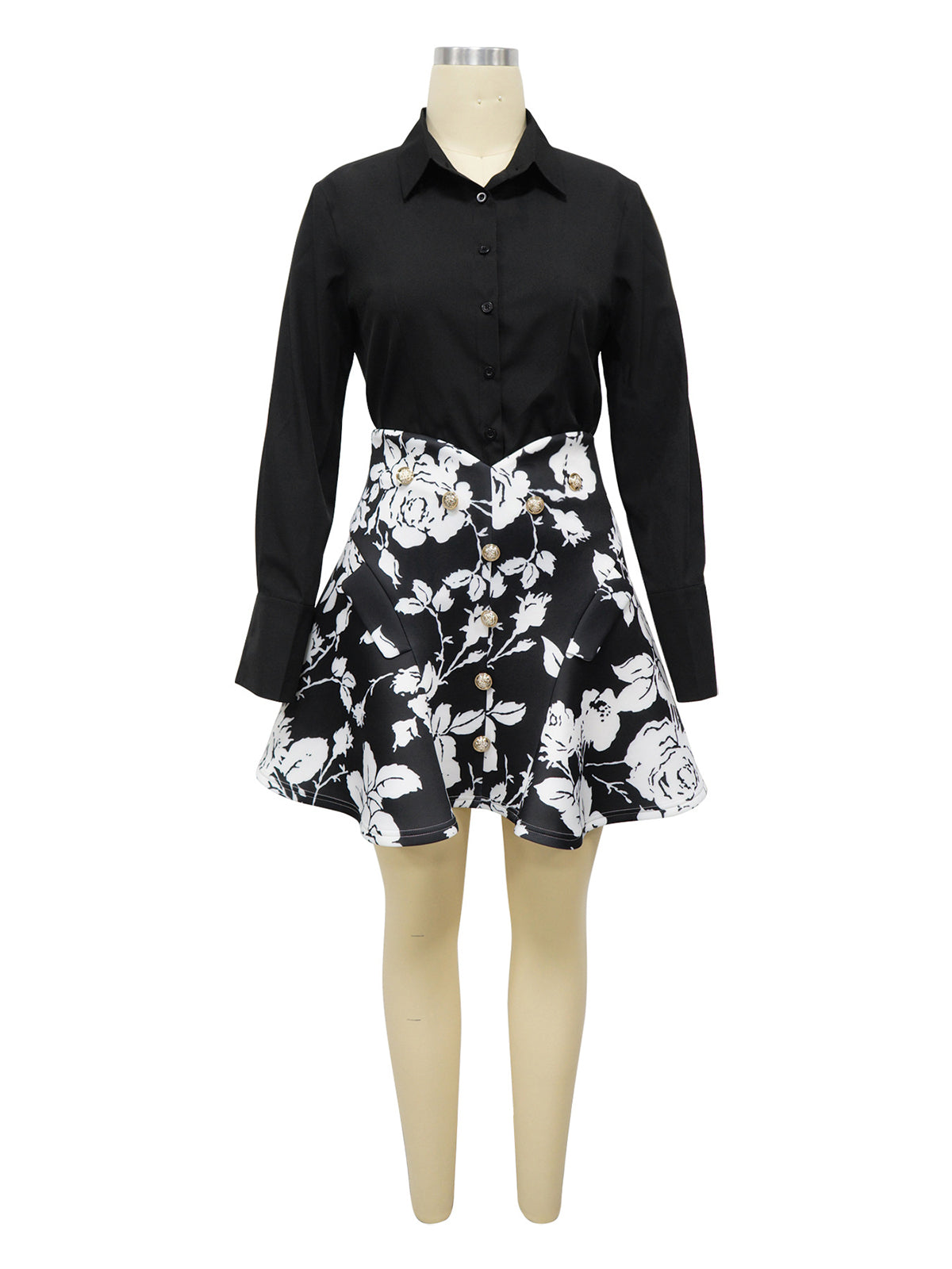 Fashion Lapel Shirt Print Skirt Two Piece Set