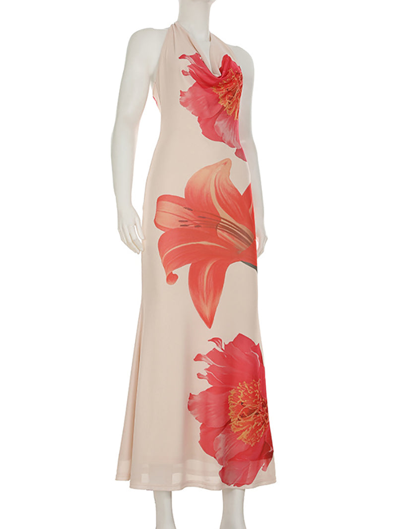 Casual Stack Collar Halter Print Backless Maxi Dress