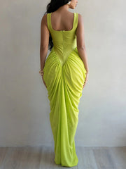 Sexy Sleeveless Solid Chiffon Pleated Maxi Dress