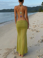 Sexy Halterneck Backless Sheer Mesh Maxi Dress