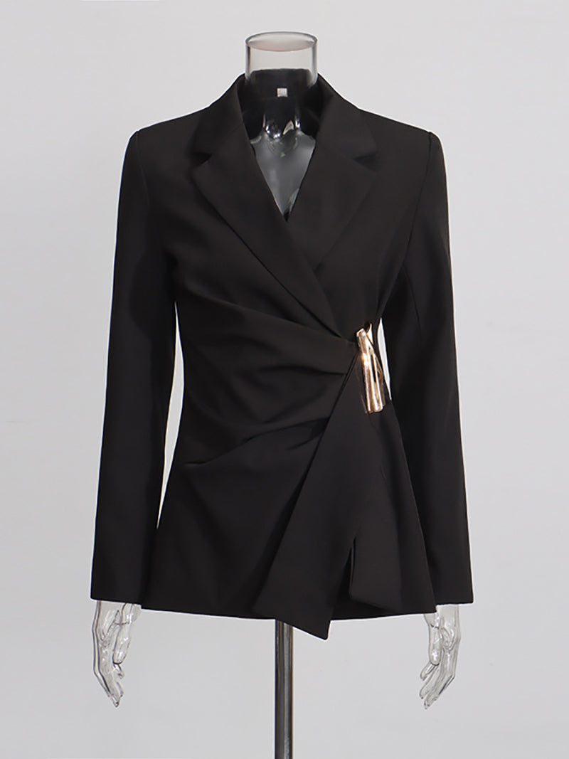 Notched Lapel Metallic Decor Ruched Asymmetrical Blazer