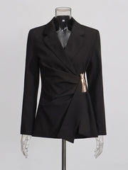 Notched Lapel Metallic Decor Ruched Asymmetrical Blazer