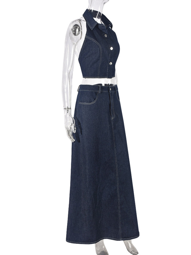 Sexy Halter Backless Denim Skirt Set