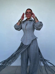 Zip Front Top and Fringe Wide Leg Pants Set-boutique