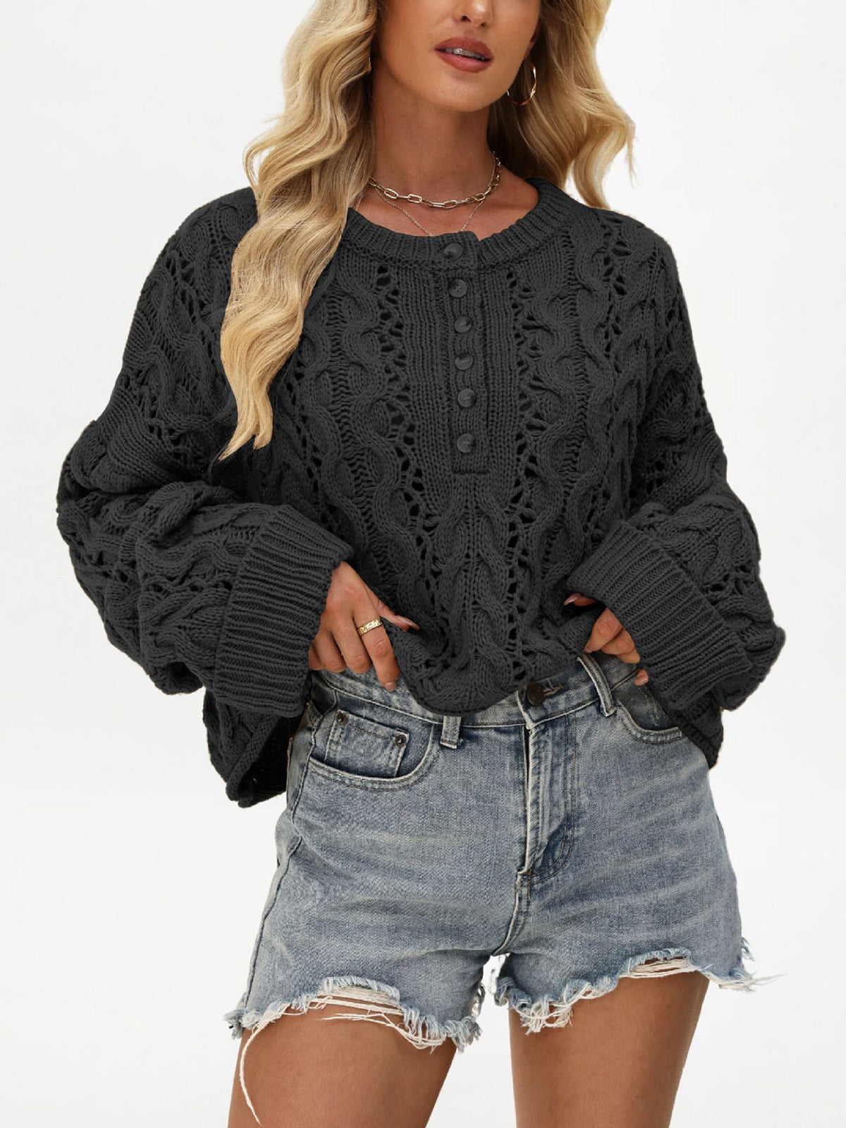 Vintage Textured Button Knit Pullover Sweater