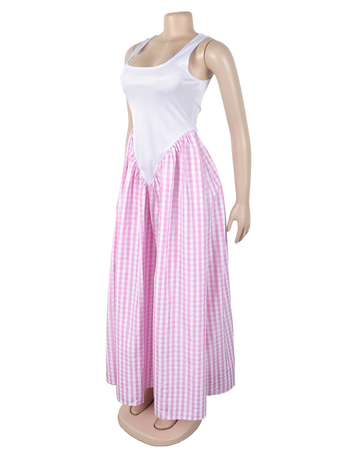 Fashion U Neck Plaid Patchwork Pleated Maxi Dress
