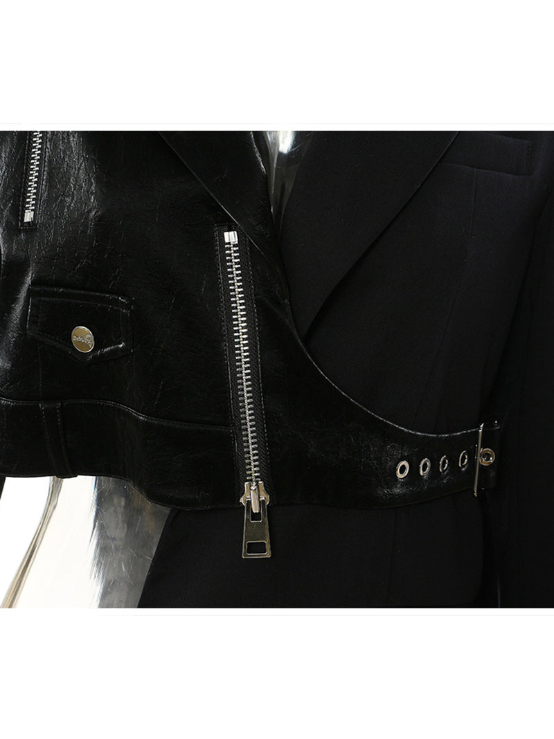 PU Leather Patchwork Irregular Loose Blazer