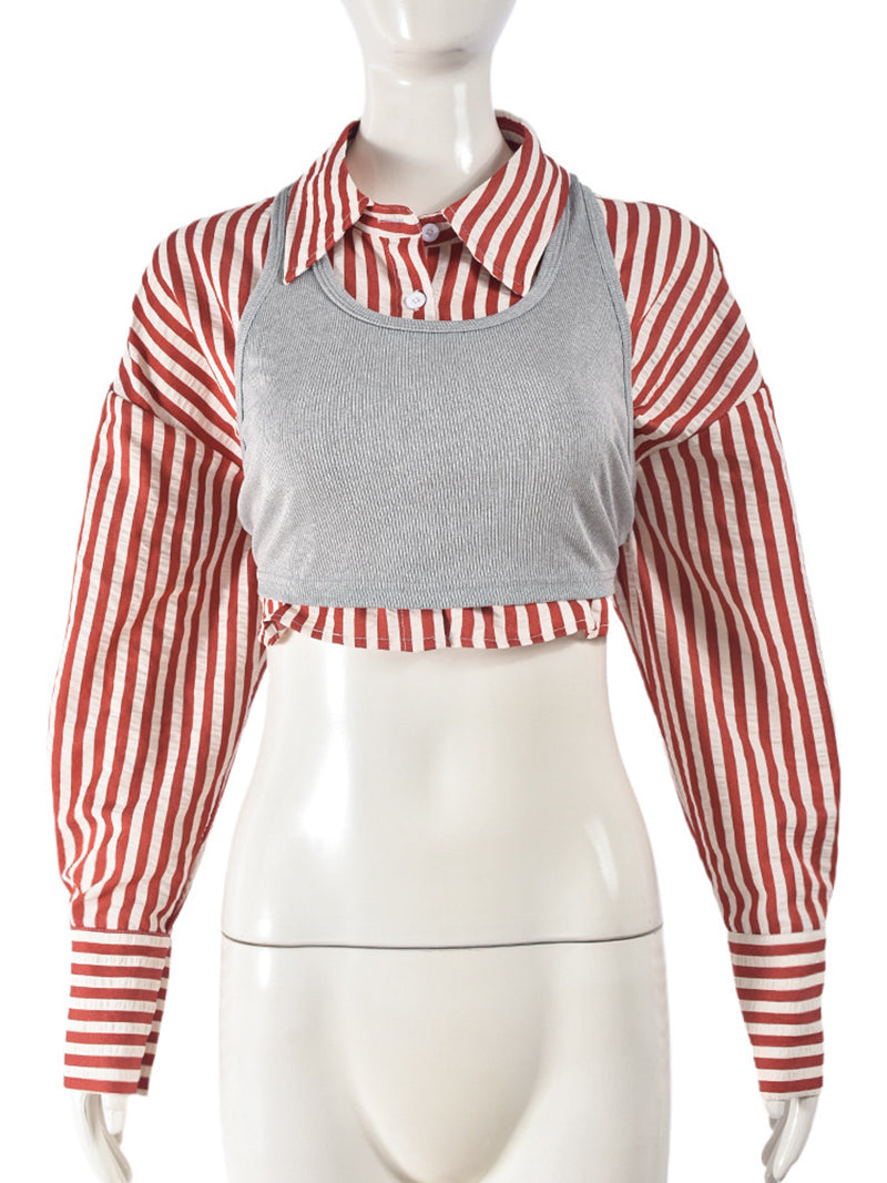 Street Stripe  Collar Long Sleeve Crop Vest & Shirt