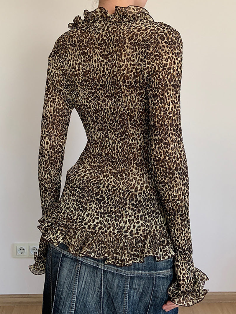 V-Neck Ruffled-Trim Leopard Print Slim-Fit Cardigan