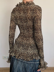 V-Neck Ruffled-Trim Leopard Print Slim-Fit Cardigan