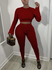 Long Sleeve Crop Top Skinny Pant Ribbed Two piece Set