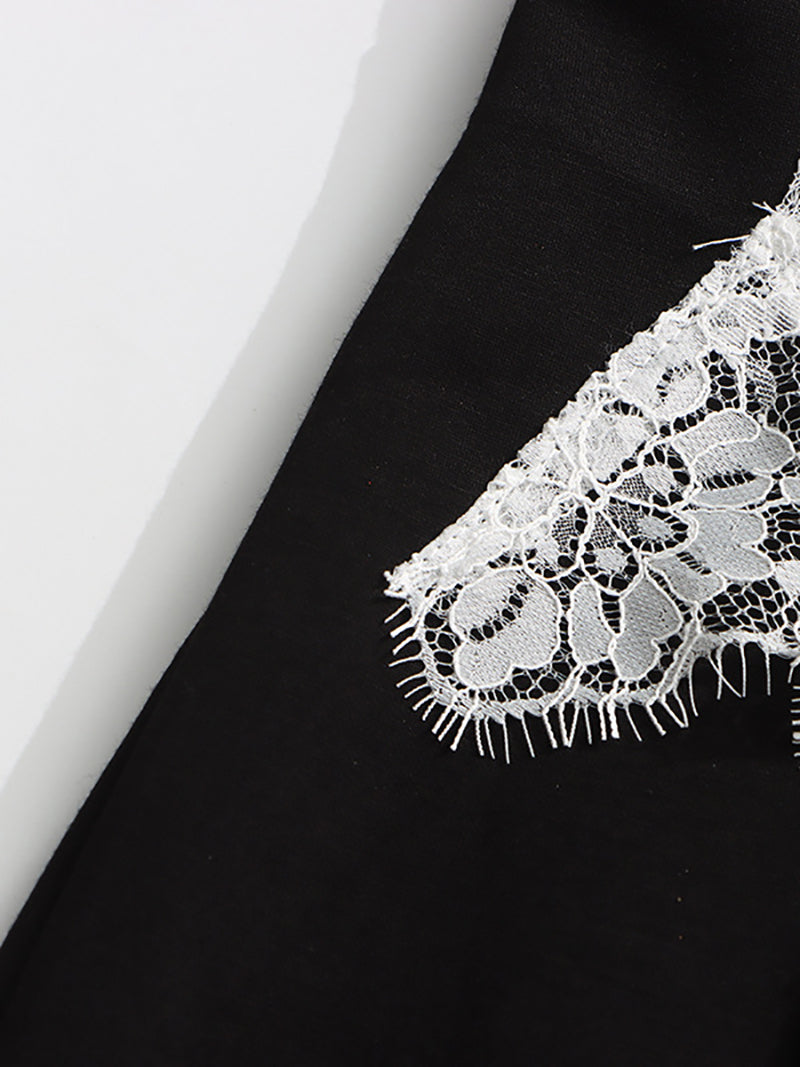 Casual Round Neck Lace Patchwork High Split Dress