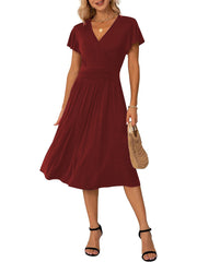 Casual Ruffle Wrap V Neck High Waist Midi Dress