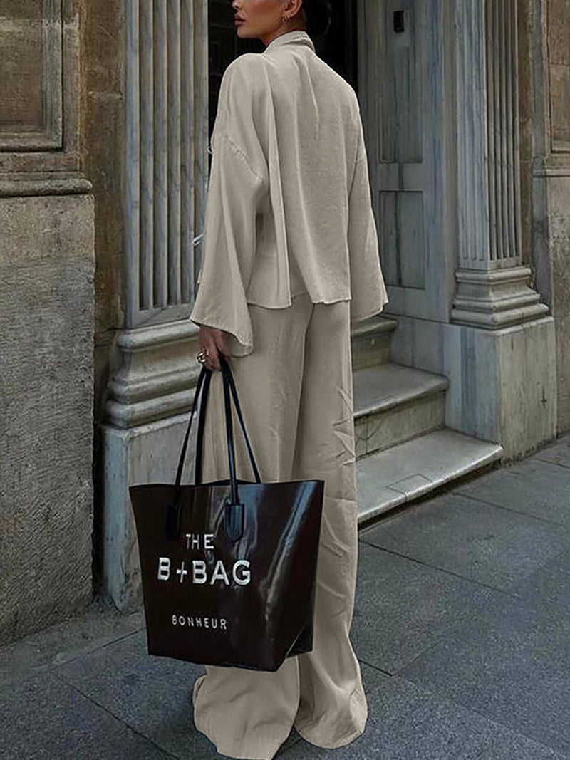 Casual V Neck Lace-up Shirt Wide Leg Pants Set