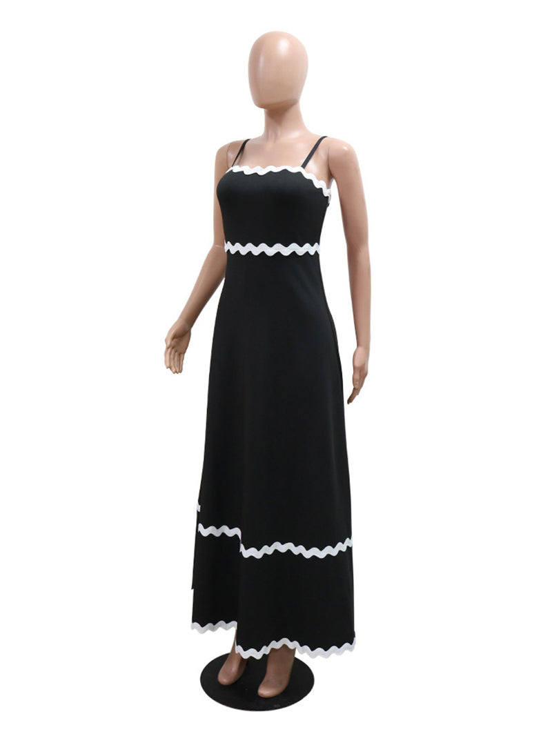 Spaghetti Straps Wave Ribbon Patchwork Maxi Dress