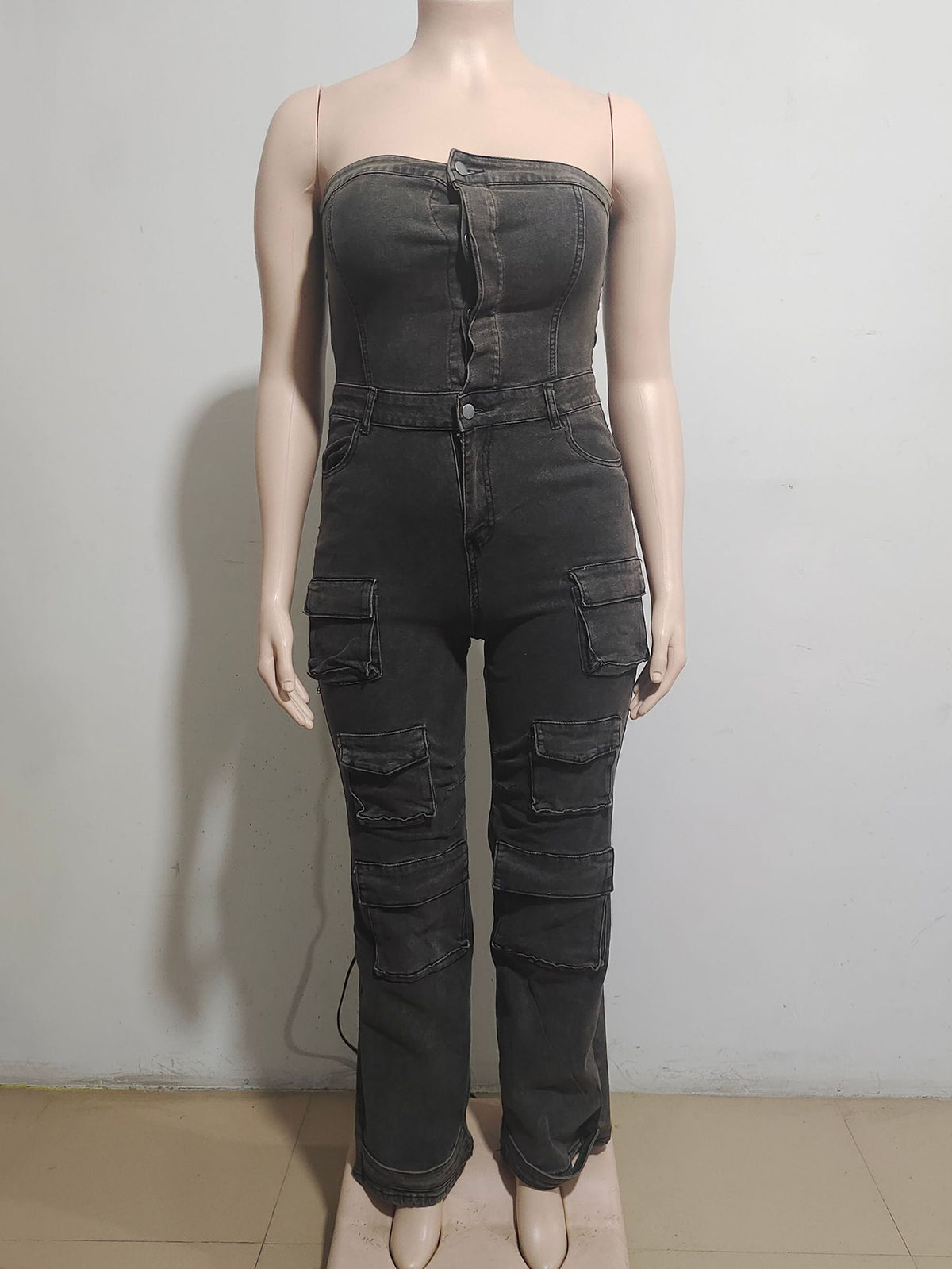 Casual High Waist Cargo Denim Jumpsuit