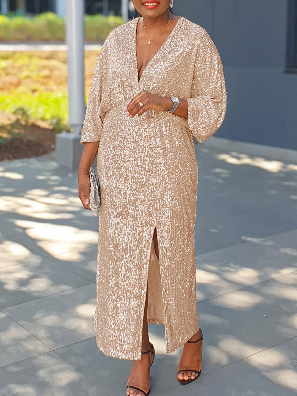 Sexy Sequin V Neck Cocktail Party Split Maxi Dress