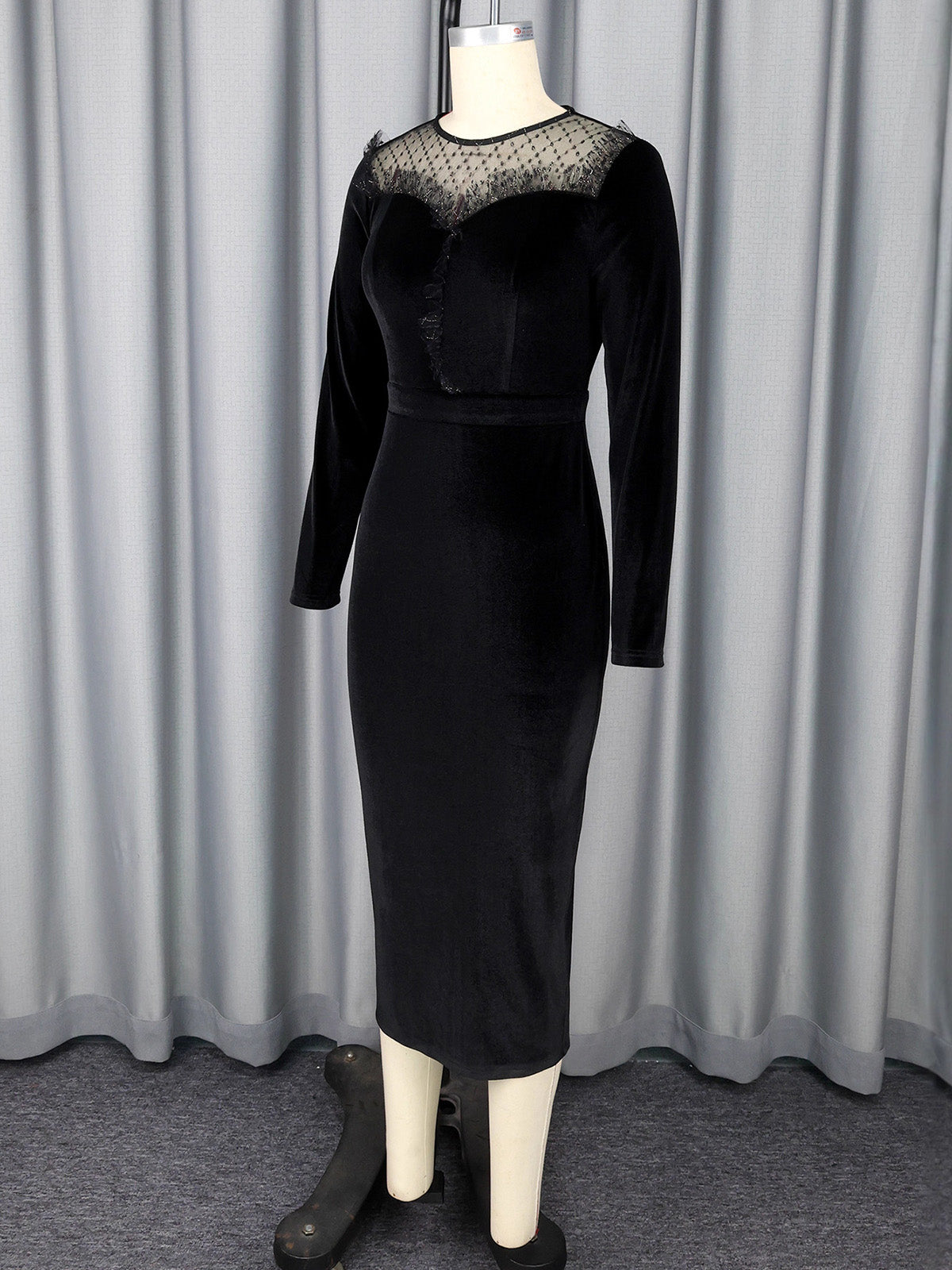 Elegant Mesh Patchwork O Neck Velvet Dress