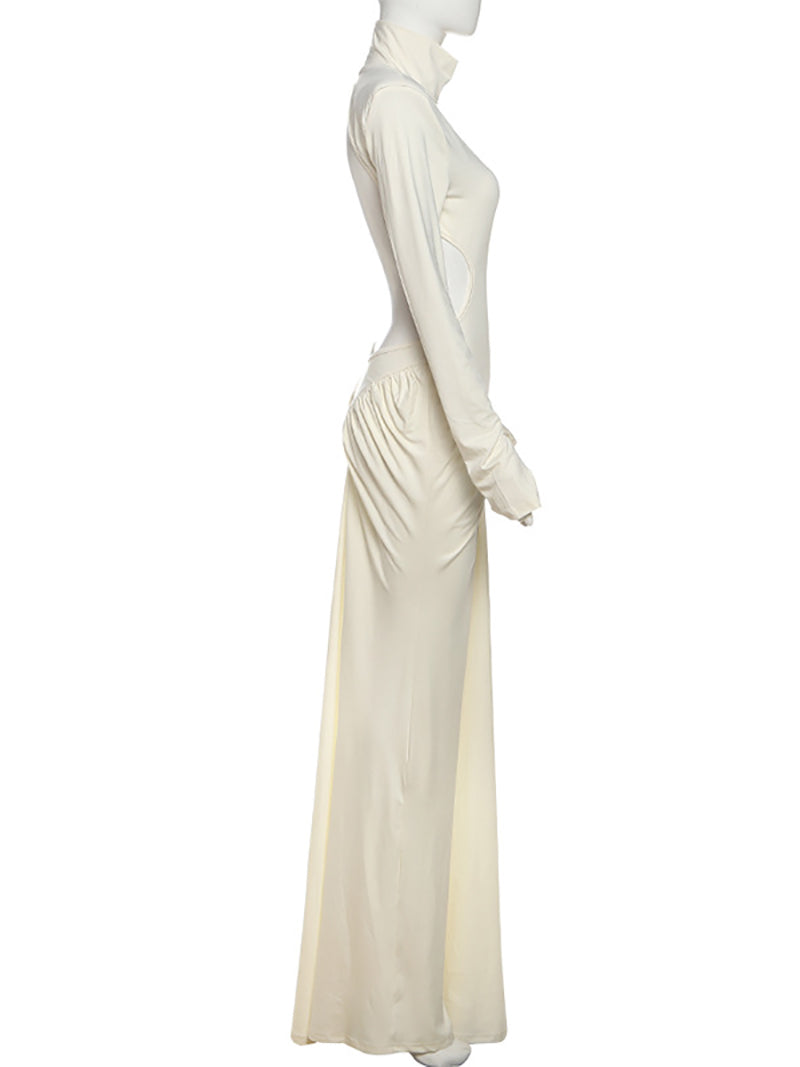 Elegant High Collar Cutout Ruched Maxi Dress