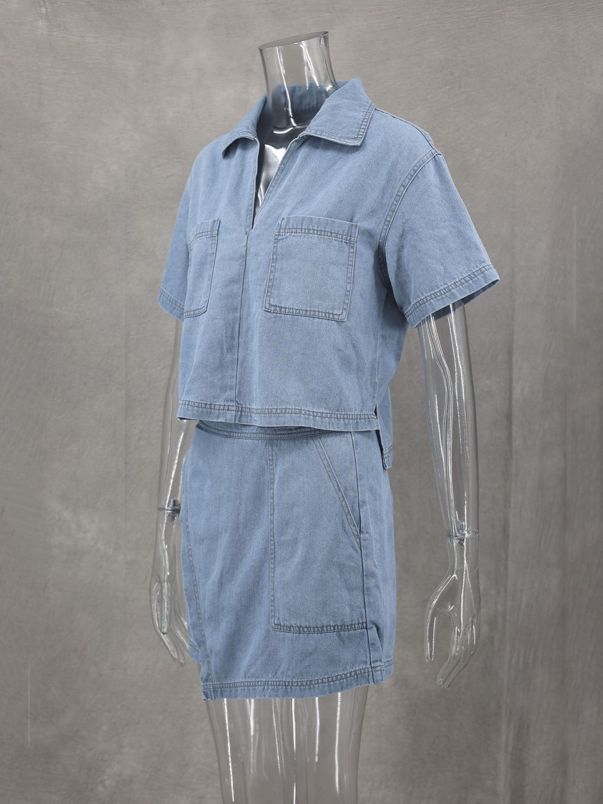 Sexy V-neck Loose Top Irregular Skirt Denim Set
