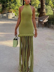 Sexy Halter Neck Backless Twist Fringe Maxi Dress