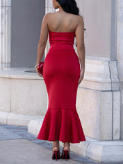 Elegant Strapless Crop Top And Fishtail Skirt Sets