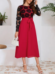 Rose Pattern Lace Long Sleeve Waist Cinch Midi Dress