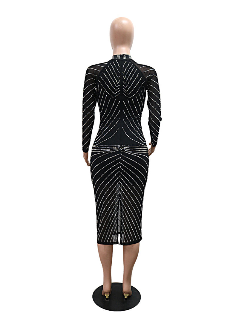 Striped Rhinestone Split Back Bodycon Dress