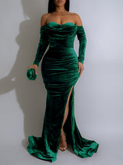 Elegant Off Shoulder Velvet Split Evening Dress