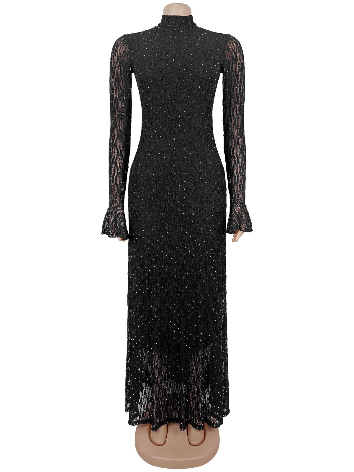 Fashion Glisten Lace See through Pleated Maxi Dress