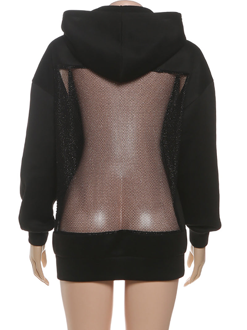 Sexy See-Through Mesh Patchwork Loose Hoodie