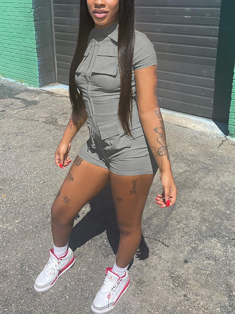 Casual Zipper Multi Pocket  Cargo Romper