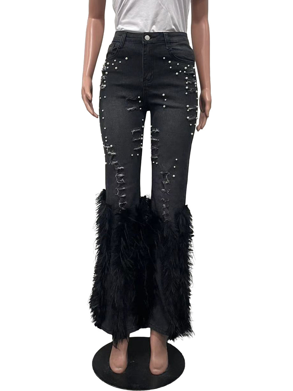 Fashion Feather Combo Ripped Jeans