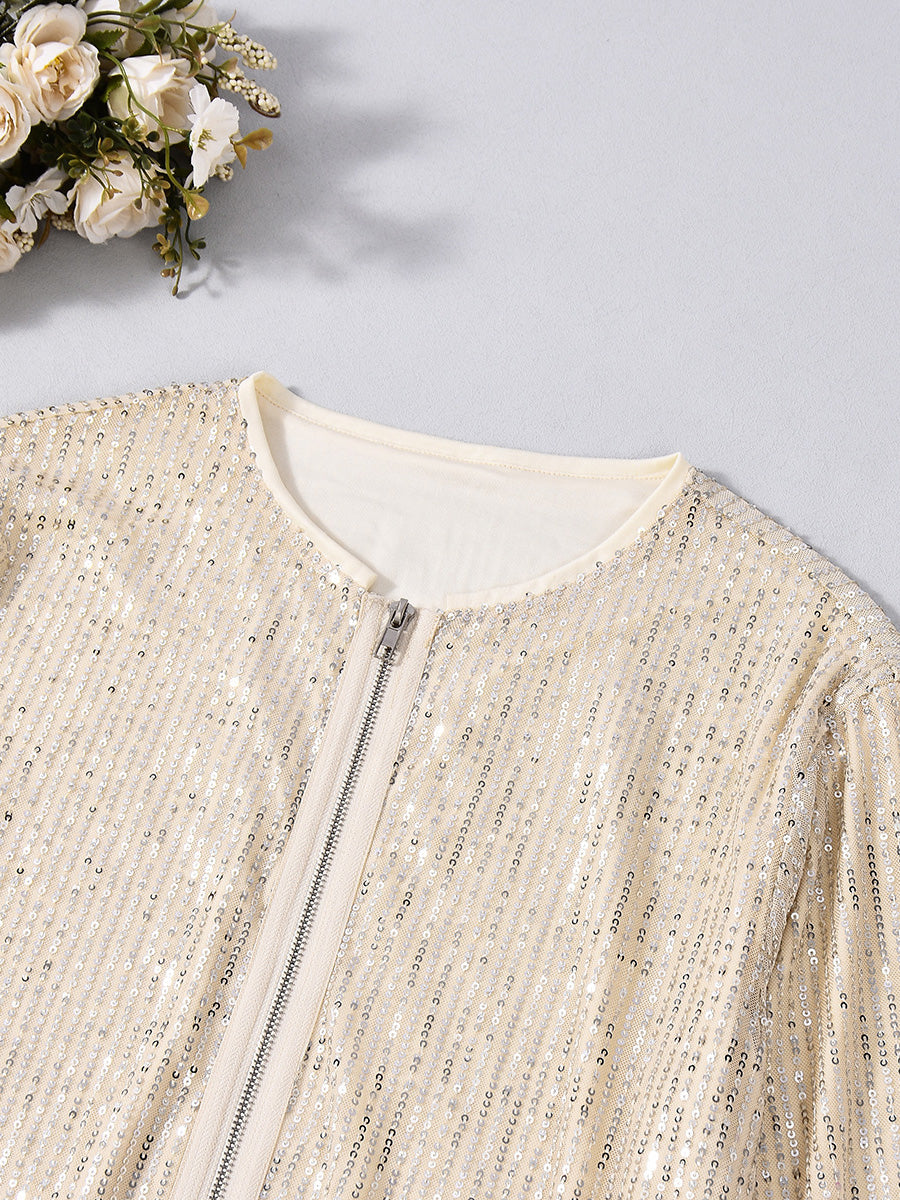 Fashion Long Sleeve Sequin Zip Up Party Jacket