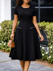 Elegant Round Neck Short Sleeve Slim Midi Dress