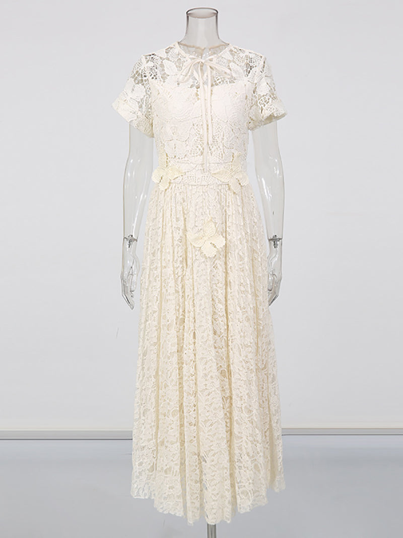 Elegant Bowknot Neck Short Sleeve Embroider Maxi Dress