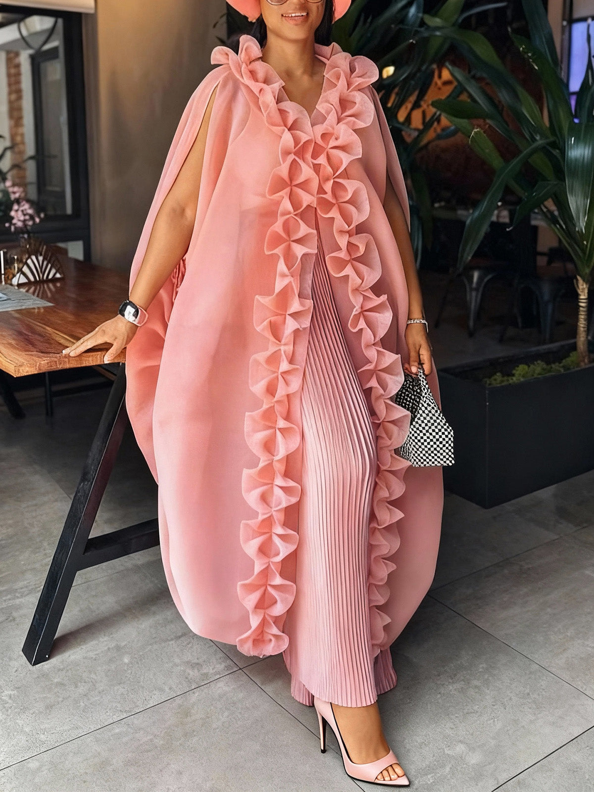 Elegant Ruffles Decorated Smock And Pleated Wide Leg Pant Set