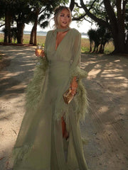 V Neck Feather Cuff Slit Maxi Dress-boutique