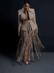 Fitted Blazer and Fringe Maxi Skirt Set-boutique