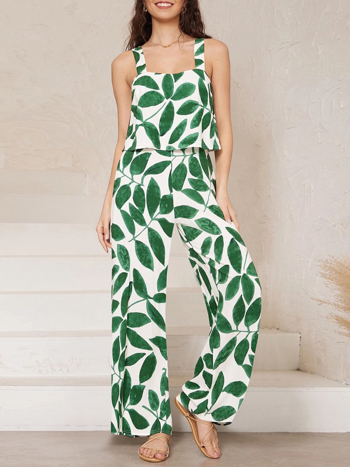 Fashion Suspenders Print Wide-leg Jumpsuit