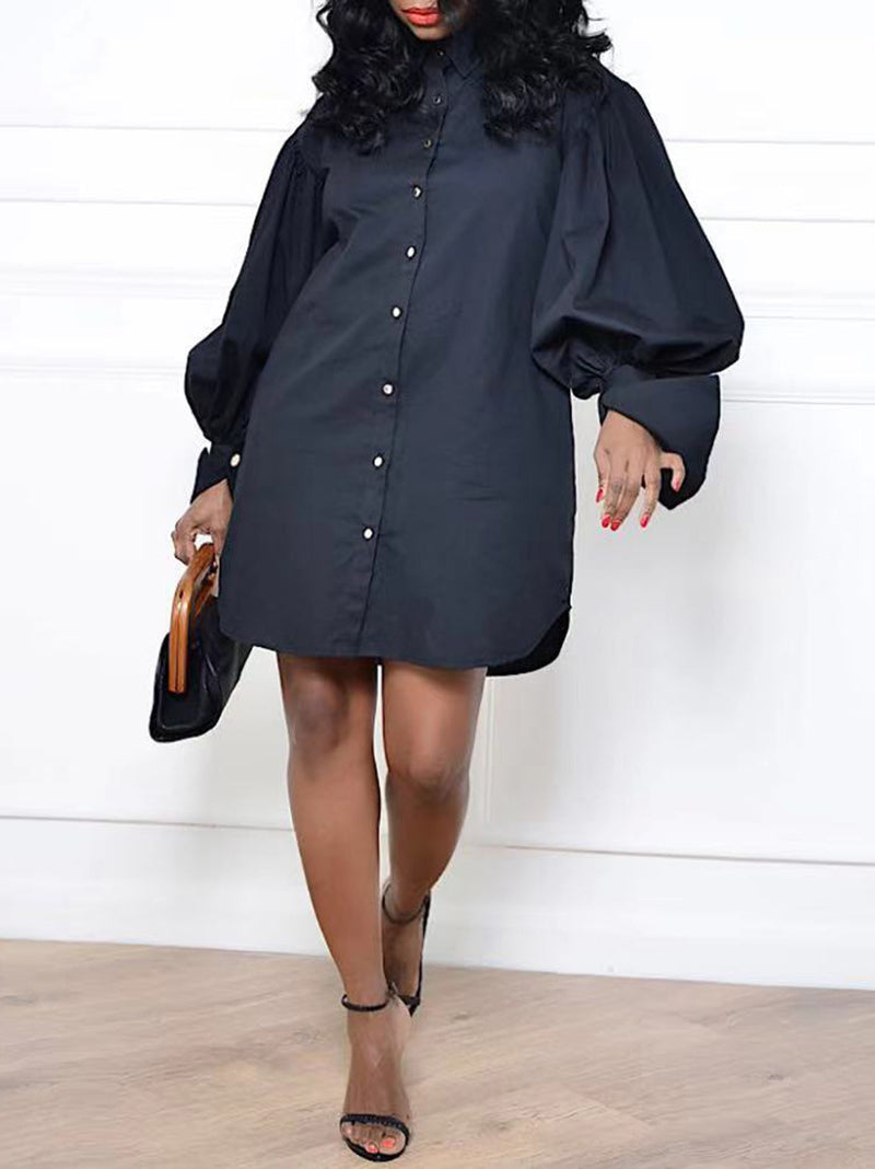 Fashion Bubble Sleeve Loose Casual Shirt Dress