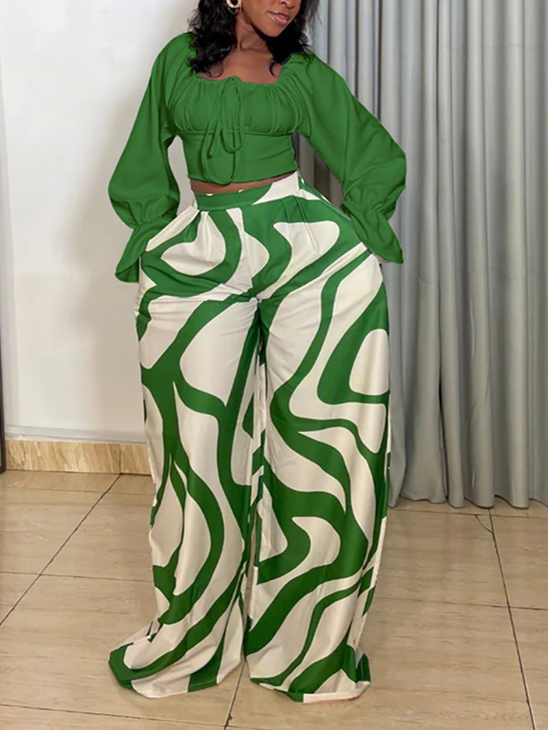 Casual Print Lace-up Crop Top Wide Leg Pants Set